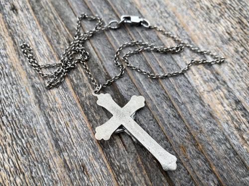 Sterling Silver Sacred Heart of Jesus Crucifix, Pendant Necklace, Antique Replica, Large Sterling Silver Crucifix, Big Sacred Heart Pendant