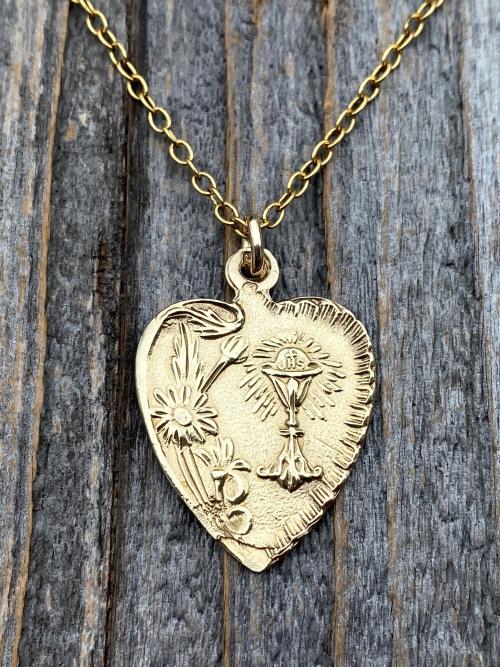 Gold First Communion Heart Pendant Necklace, Antique Replica French Medal, Chalice Flowers, Art Nouveau Medal, Holy Eucharist Heart Gift