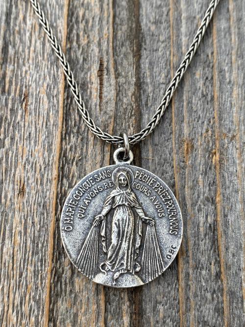 Sterling Silver Large French Miraculous Medallion, Antique Replica, Big Round Miraculous Medal, Miraculous Pendant Necklace, by OBC, France