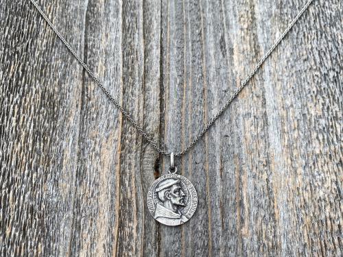 Sterling Silver St Francis of Assisi Medal Pendant Necklace, French Antique Replica, By L. Tricard, Saint Francois D'Assise Priez Pour Nous