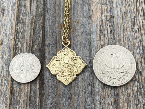 Gold Holy Eucharist, Holy Communion, Wavy Diamond Pendant Medal Necklace, Antique Replica from France, French Art Nouveau Communion Medal