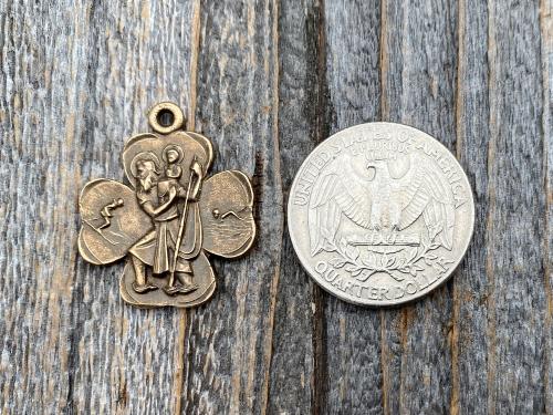 Bronze St Christopher Shamrock Medal Pendant with an Adjustable Slider Bead on Brown Suede Lace Necklace, Antique Replica, Saint, Catholic