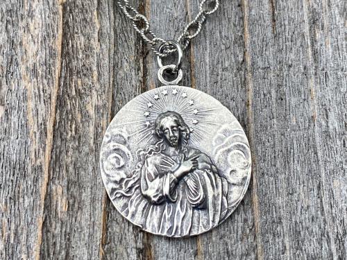 Sterling Silver Assumption of Mary Medal Pendant Necklace, French Antique Replica, Mary with Star Halo Pendant, Gorgeous Our Lady Pendant