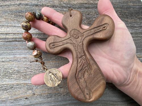 Large Single Decade Rosary, Walnut hand-carved Crucifix Comfort Cross, Miraculous Medal, Birds Eye Rhyolite Gemstones, ByRon Palm Cross