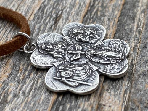 Sterling Silver Large Shamrock 4-Way Medal Pendant Necklace, Antique Replica, 5-Way Medal, Miraculous Medal, Sacred Heart of Jesus Medal