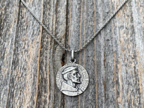 Sterling Silver St Francis of Assisi Medal Pendant Necklace, French Antique Replica, By L. Tricard, Saint Francois D'Assise Priez Pour Nous