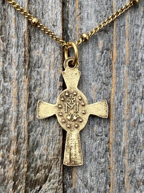 Antique Gold Miraculous Medal Cross Pendant on Satellite Chain Necklace, Antique Replica, Blessed Virgin Mary, Small Miraculous Medal Cross