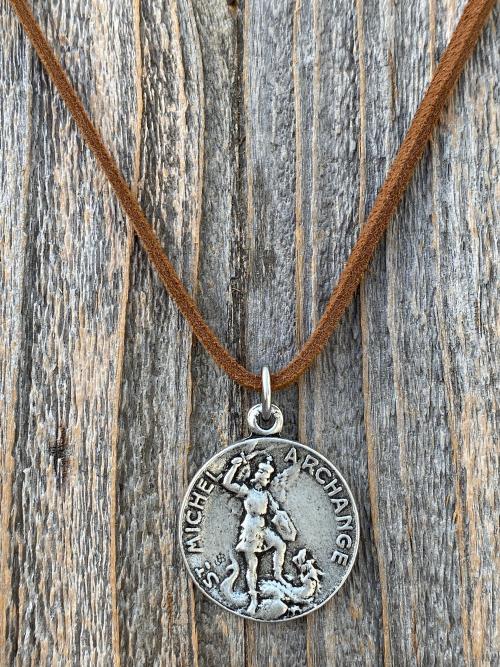 Silver Pewter St Michael French Medal Necklace, Antique Replica, Saint Michael the Archangel, St Michel, Protection against the devil Satan