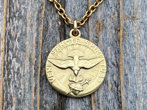 Gold Come Holy Ghost Medal, Holy Spirit Medal Pendant Necklace, Antique Replica, Sacred Heart, Confirmation, Veni Sancte Spiritus VSS-1