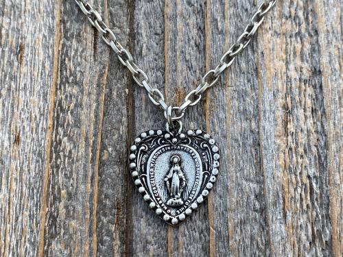 Silver Pewter Heart Shaped Miraculous Medal Pendant Necklace, Antique Replica, Blessed Virgin Mary Pendant, Rare Unusual Miraculous Medal M4