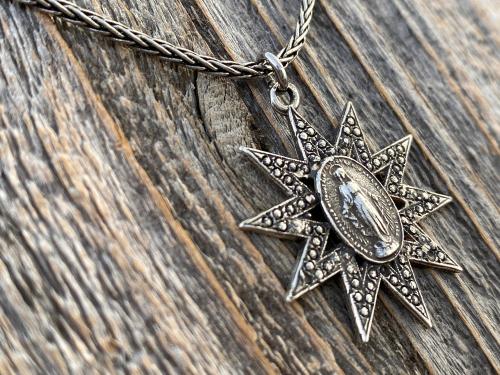 Sterling Silver Sun Shaped Miraculous Medal Necklace, Antique Replica, Our Lady of Miracles, Blessed Virgin Mary, Our Lady of the Miracle