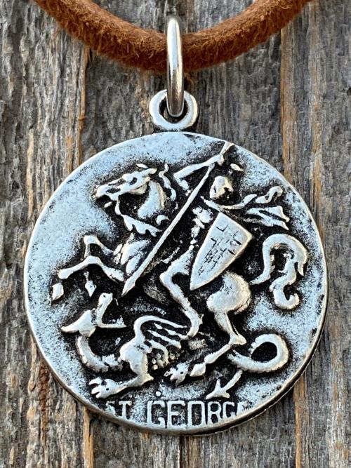 Silver Pewter St George Medal Pendant Necklace, Antique Replica, Rare Saint George Medal, Protection against Christ's enemies, Kill Dragon
