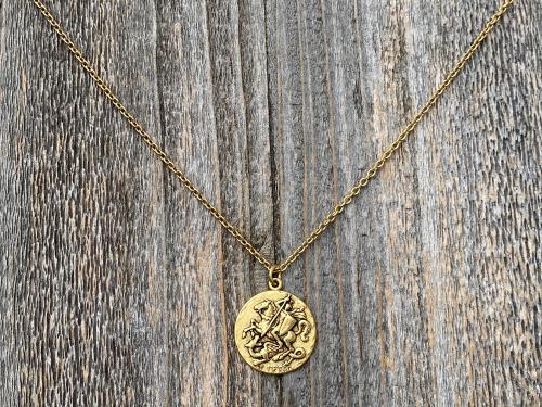 Antique Gold Plated St George Medal Pendant Necklace, Antique Replica, Rare Saint George Medal, Protection against Christ's enemies, Dragon