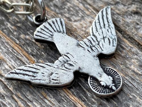 Silver Pewter Holy Spirit Dove Pendant Necklace, French Antique Replica, Antique Silver Holy Spirit Charm, Descending Dove Pendant Medal