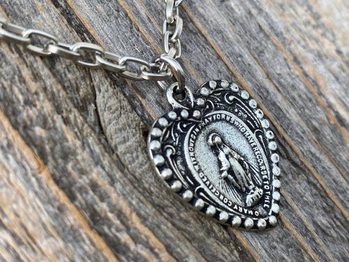 Silver Pewter Heart Shaped Miraculous Medal Pendant Necklace, Antique Replica, Blessed Virgin Mary Pendant, Rare Unusual Miraculous Medal M4