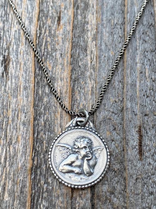 Sterling Silver Dainty Angel Medal Pendant Necklace, French Antique Replica, Signed by artist Brandt, Putti Medallion Pendant from France