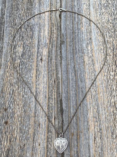 Sterling Silver Dainty Blessed Virgin Mary Heart Pendant Necklace, French 19th Century Antique Replica, Small Our Lady Medallion, France, H3