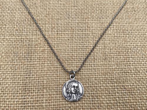 Sterling Silver Small Guardian Angel Medal, Antique Replica, Pendant Necklace, Reverses to Blessed Virgin Mary, Petite Angel Pendant Charm