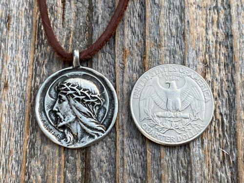 Silver Pewter Crowned Jesus Medal Pendant Necklace, French Antique Replica, By artist Augis & Mazzoni, Rare Jesus Christ Pendant from France