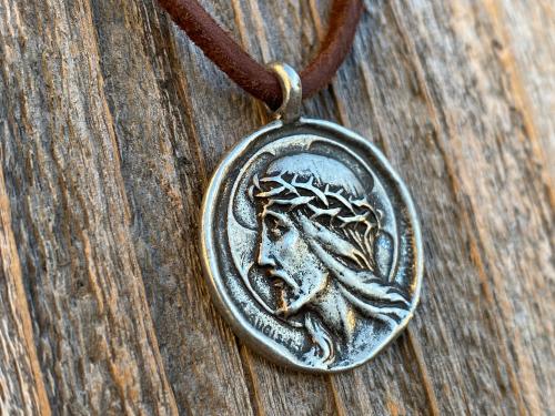 Silver Pewter Crowned Jesus Medal Pendant Necklace, French Antique Replica, By artist Augis & Mazzoni, Rare Jesus Christ Pendant from France