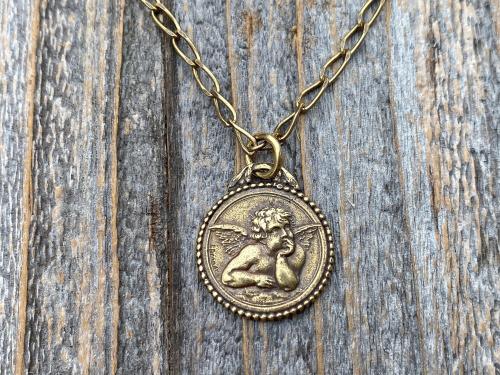 Antique Gold Dainty Angel Medal Pendant Necklace, French Antique Replica, Signed by artist Brandt, Putti Medallion Pendant from France