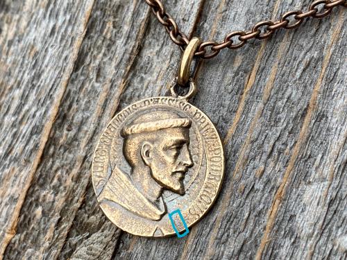 Bronze St Francis of Assisi Medal Pendant Necklace, French Antique Replica, Signed by Louis Tricard, Saint Francois D'Assise Priez Pour Nous