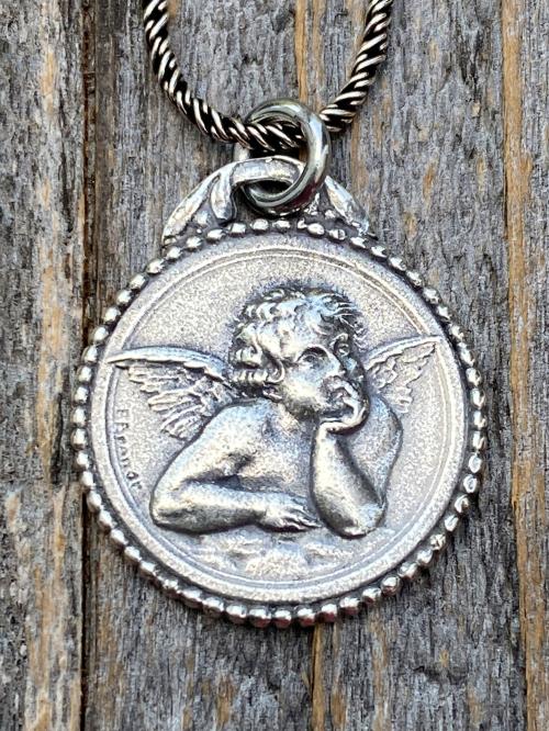 Sterling Silver Dainty Angel Medal Pendant Necklace, French Antique Replica, Signed by artist Brandt, Putti Medallion Pendant from France
