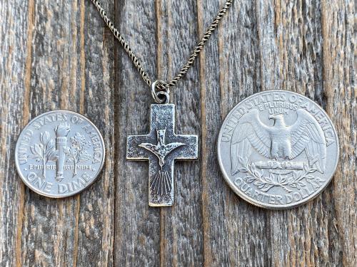Sterling Silver Small Descending Holy Spirit Cross Pendant Necklace, Antique Replica, Descending Dove Fire Medal, Veni Sancte Spiritus, C1