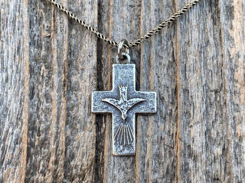 Sterling Silver Small Descending Holy Spirit Cross Pendant Necklace, Antique Replica, Descending Dove Fire Medal, Veni Sancte Spiritus, C1