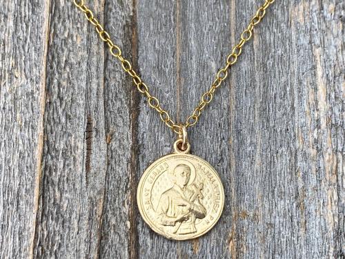 Gold St Gerard Majella Medal and Necklace by French Artist Penin, Antique Replica, Patron Saint of Expectant Mothers and Saint of Fertility