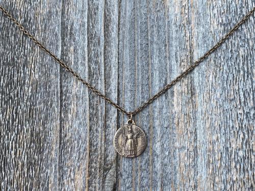 Bronze St Gertrude the Great Medal Pendant Necklace, Signed by French artists Karo & AP Penin, Gertrude Charm, Patron Saint of Cats Felines