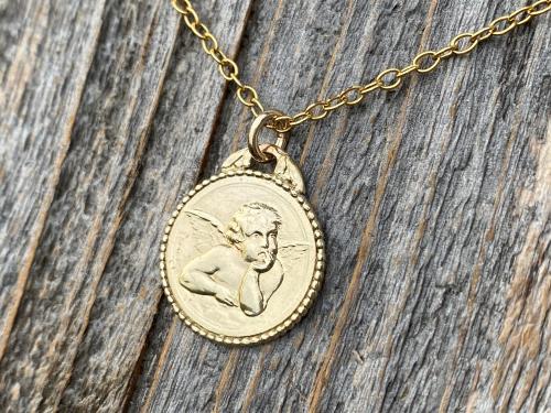 Shiny Gold Dainty Angel Medal Pendant Necklace, French Antique Replica, Signed by artist Brandt, Putti Medallion Charm Pendant from France