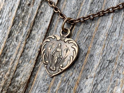 Bronze Small Blessed Virgin Mary Heart Pendant Necklace, French 19th Century Antique Replica, Dainty Our Lady Heart Medallion from France H3