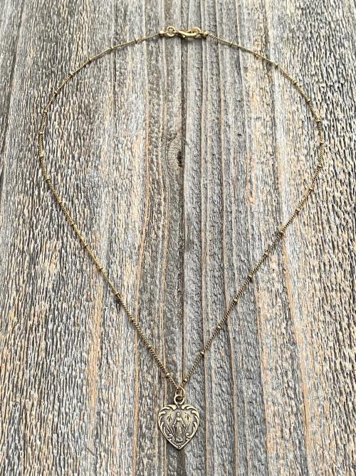 Antique Gold Dainty Blessed Virgin Mary Heart Pendant Necklace, French 19th Century Antique Replica, Small Our Lady Medallion from France H3