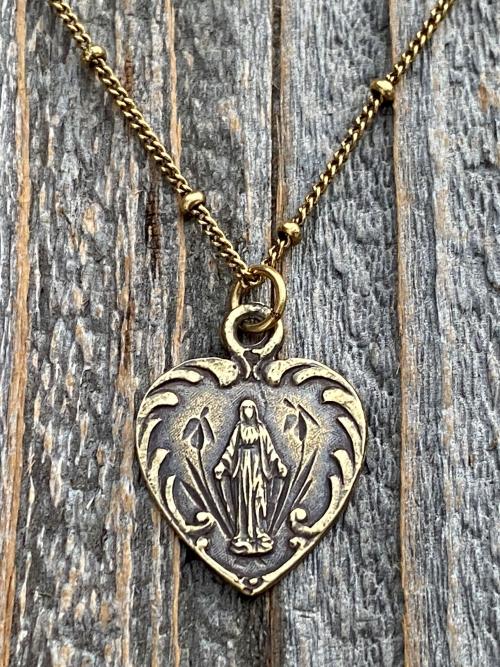 Antique Gold Dainty Blessed Virgin Mary Heart Pendant Necklace, French 19th Century Antique Replica, Small Our Lady Medallion from France H3