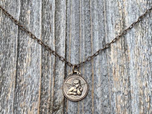 Bronze Dainty Angel Medal Pendant Necklace, French Antique Replica, Signed by artist Brandt, Putti Medallion Charm Pendant from France