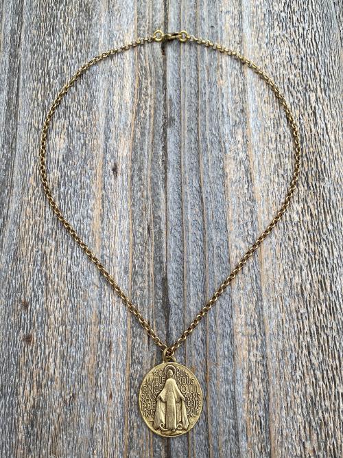 Antique Gold Plated Large French Miraculous Medal, Antique Replica, Pendant Necklace, Signed by artists PCH & JB, Miraculous from France MM1
