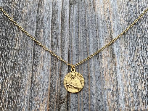 Antique Gold Plated St Gerard Majella Medal Pendant Necklace, French artist Charl, Antique Replica, Saint of Expectant Mothers, of Fertility
