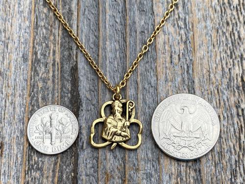 Antique Gold Plated St Patrick Shamrock Pendant Necklace, Antique Replica, Saint Patrick Medal, Irish Catholic Jewelry, St Patrick Medallion