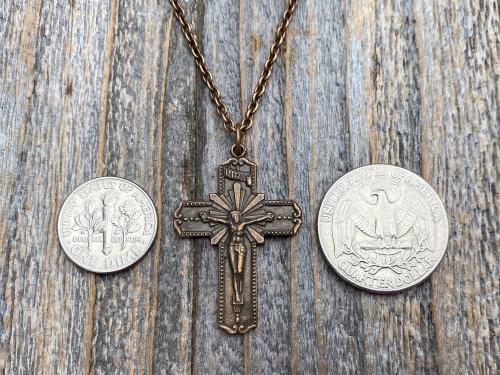 Bronze Radiant Crucifix, Pendant Necklace, Antique Replica, Large Bronze Crucifix Cross, Jesus Medal, Our Lord Jesus Christ Pendant Cross