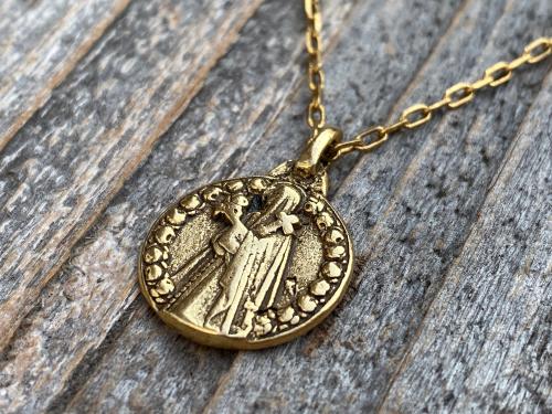 Antique Gold Plated St Thérèse of Lisieux Medal Pendant Necklace, Antique Replica, by artist PY, Small St Theresa of the Child Jesus Charm