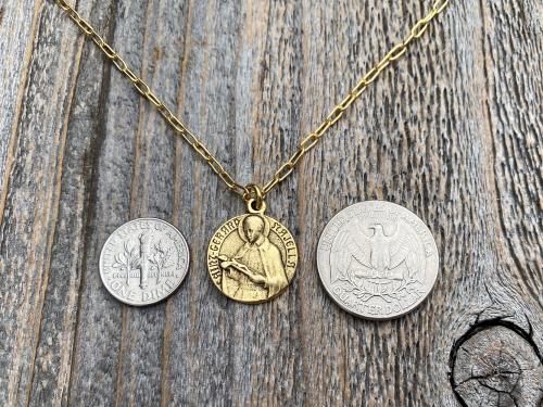 Antique Gold Plated St Gerard Majella Medal Pendant Necklace, French artist Charl, Antique Replica, Saint of Expectant Mothers, of Fertility