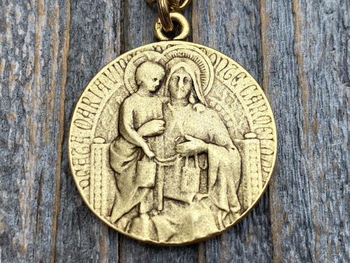 Antique Gold Plated Scapular Pendant Necklace, Antique Replica, Artist Tricard, French Medallion, Sacred Heart of Jesus, Our Lady Mt Carmel
