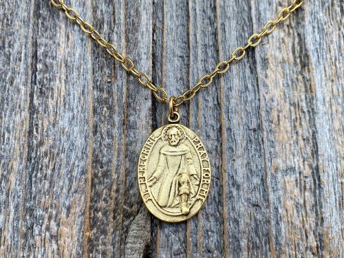 Antique Gold Plated St Peregrine Laziosi Medal Pendant Necklace, Antique Replica, Saint of Cancer, Saint Peregrinus Pellegrino, Pray for Me