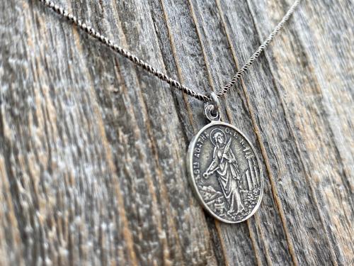 Sterling Silver St Agatha & St Lucia Medal Pendant Necklace, Antique Replica of French Medal with Latin Wording, Rare and Old Medallion Lucy