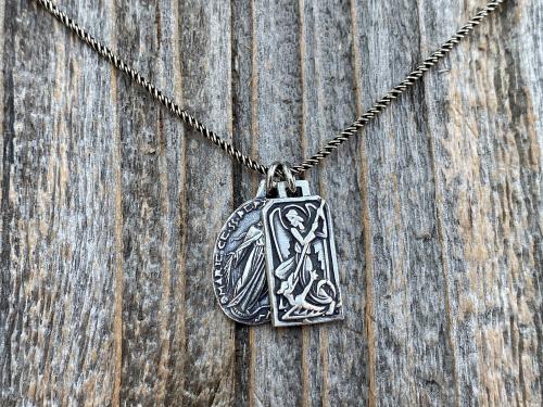 Sterling Silver St Michael & Miraculous Medal Cluster Pendant Necklace, French Antique Replica Medallions, Signed by artist PY, Archangel