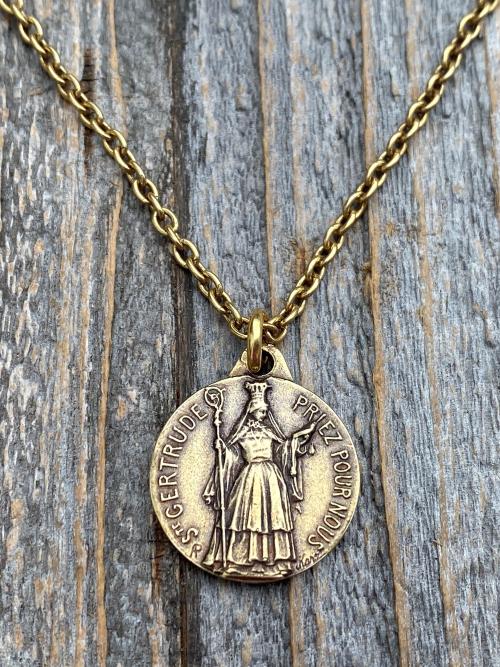Antique Gold St Gertrude the Great Medal Pendant Charm Necklace, Signed by French artists Karo & AP Penin, Patron Saint of Cats Felines