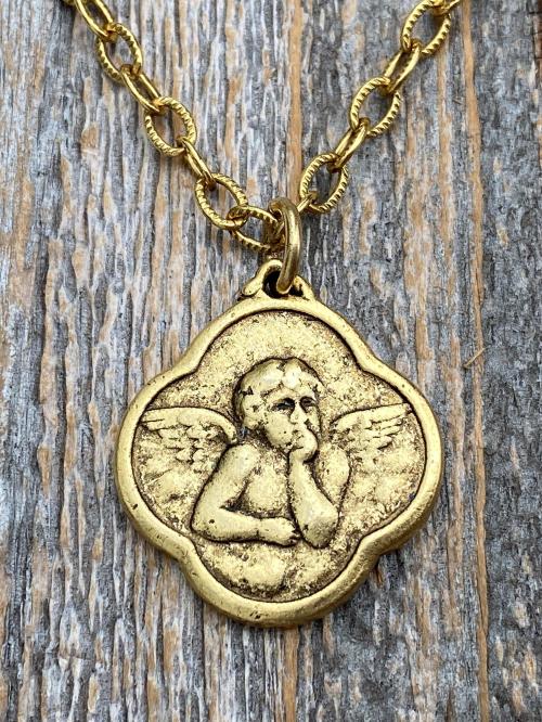 Antiqued Gold Plated Angel Medal Pendant Necklace, Antique Replica, Quatrefoil Shape, Reproduction of French Antique Medallion, Cherub Charm