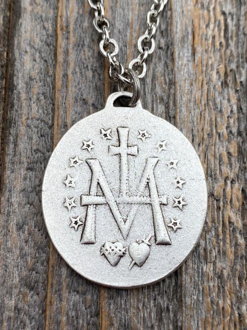 Silver Plated Large French Miraculous Medal, Antique Replica, Pendant Necklace, By artists PCH & JB, Miraculous Medallion from France MM1