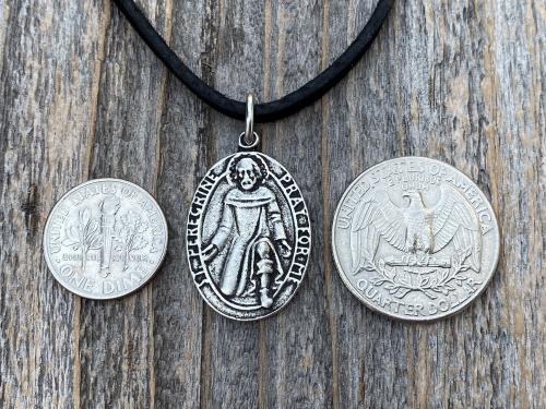 Antiqued Pewter St Peregrine Laziosi Medal Pendant Necklace, Antique Replica, Saint of Cancer, Saint Peregrinus Pellegrino, Pray for Me